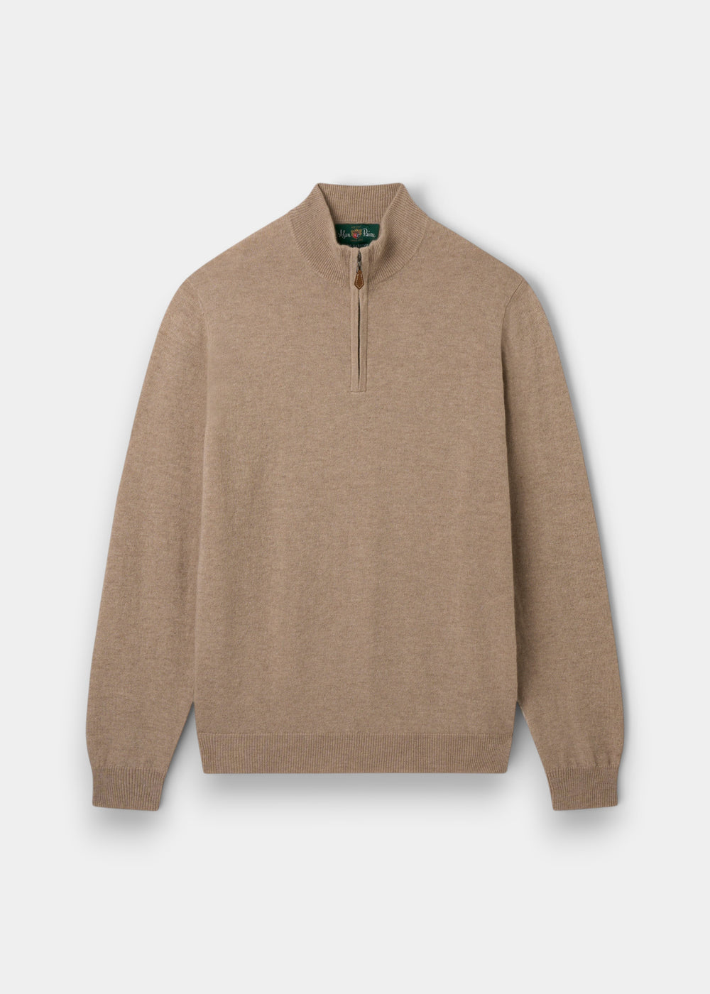 Hanbury Pure Cashmere Quarter Zip Jumper in Linen with ribbed cuffs and hem, laid flat on white background.