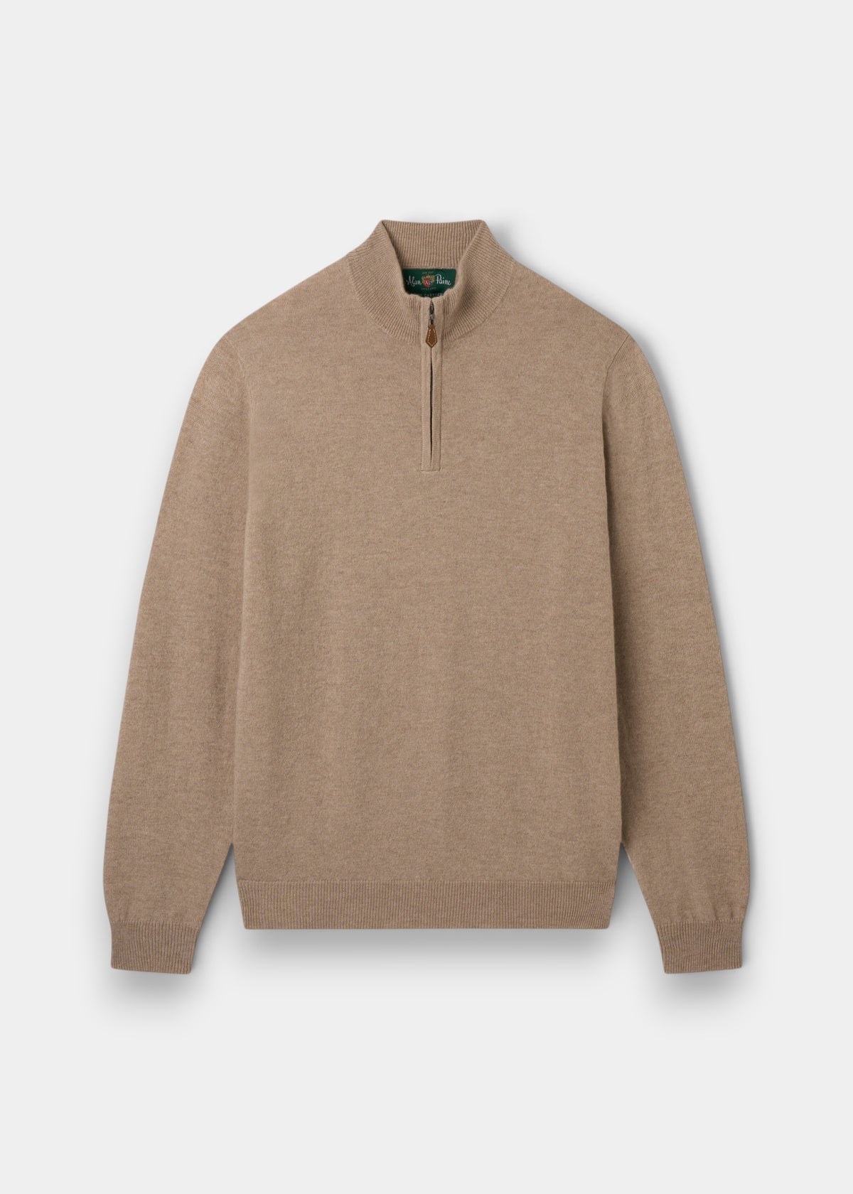 Hanbury Pure Cashmere Quarter Zip Jumper in Linen with ribbed cuffs and hem, laid flat on white background.