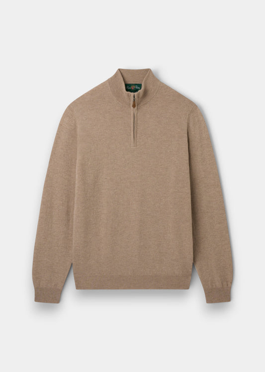 Alan Paine Hanbury linen-coloured cashmere jumper with a quarter-zip mock neck and ribbed cuffs and hem.