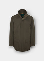 Lockwood Men’s Shooting Coat in Olive, shooting fit, high collar and flap pockets, shown on a plain white background.