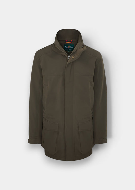 Alan Paine Lockwood men's olive shooting coat with waterproof polyester blend fabric and bellows pockets.