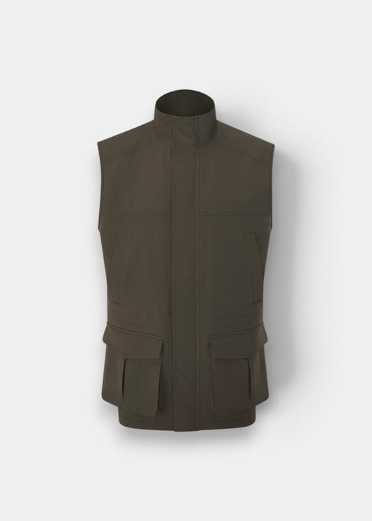 Alan Paine Lockwood men's olive shooting waistcoat with bellows pockets and high collar