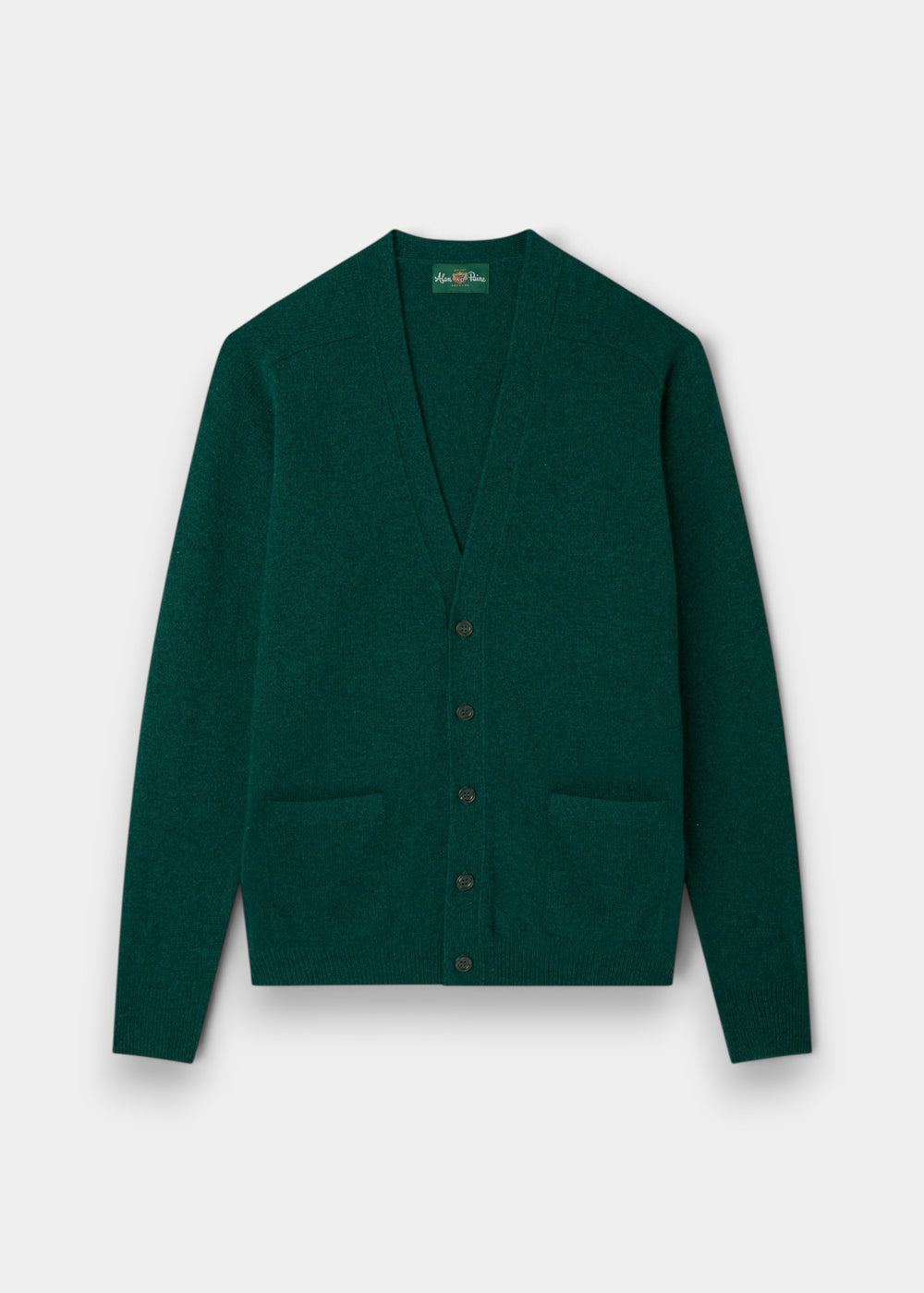 Cornwall Lambswool V-Neck Cardigan in Mallard, classic fit, button-up with two pockets, shown on light background.