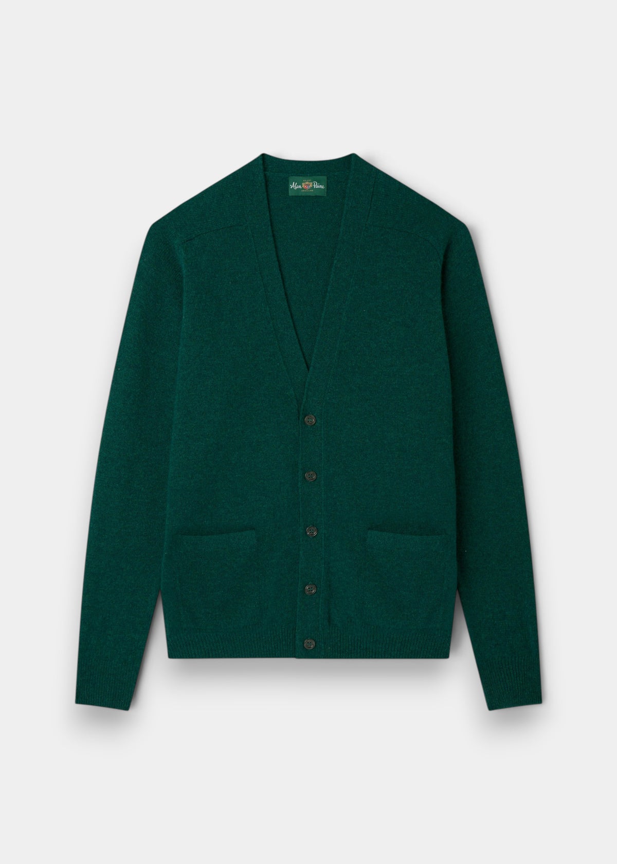 Cornwall Lambswool V-Neck Cardigan in Mallard, classic fit, button-up with two pockets, shown on light background.