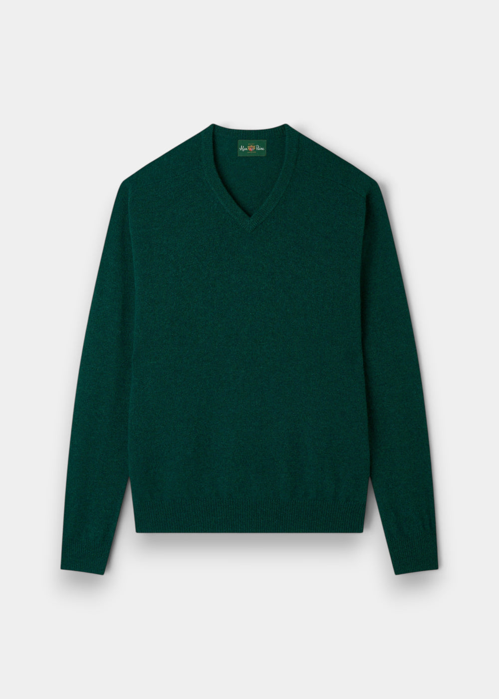Hampshire Lambswool V-Neck Jumper in Mallard, classic fit with long sleeves and saddle shoulder, shown on white.