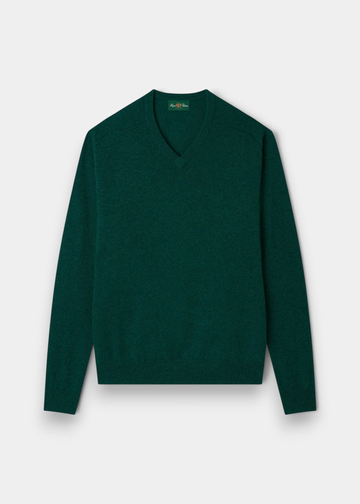 Kilsyth Lambswool V-Neck Jumper in Mallard, regular fit, shown with long sleeves flat on a white background.
