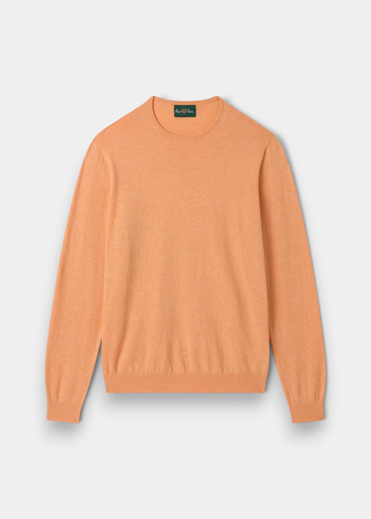 Alan Paine mango orange crew neck jumper made from a soft blend of Pima cotton, silk, and cashmere.