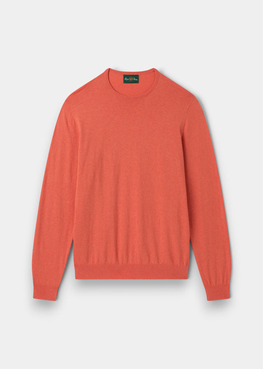 Alan Paine men's luxury crew neck jumper in melba orange, crafted from a soft pima cotton, silk, and cashmere blend.
