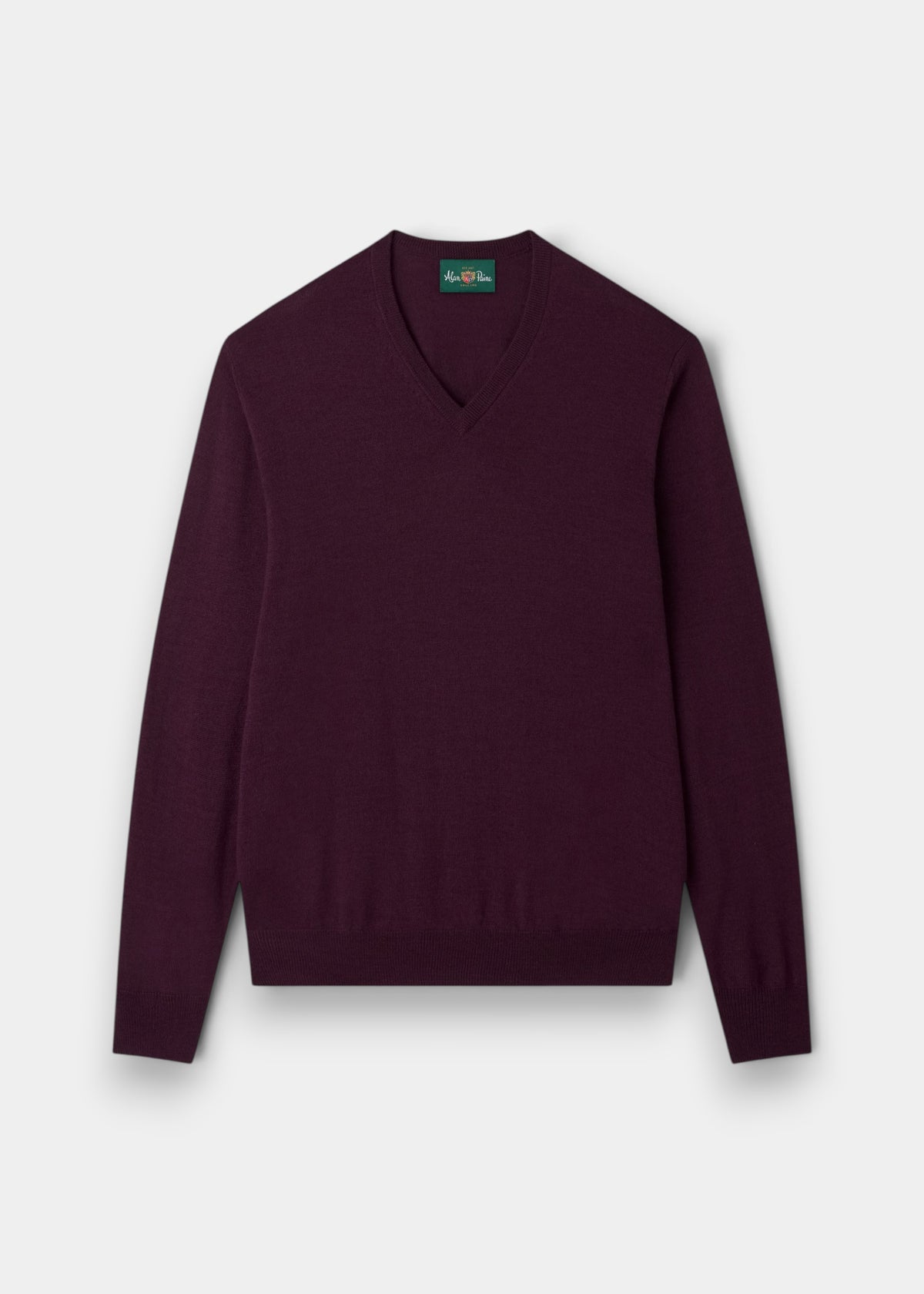 Alan Paine Millbreck v-neck jumper in black grape merino wool with ribbed hem and cuffs