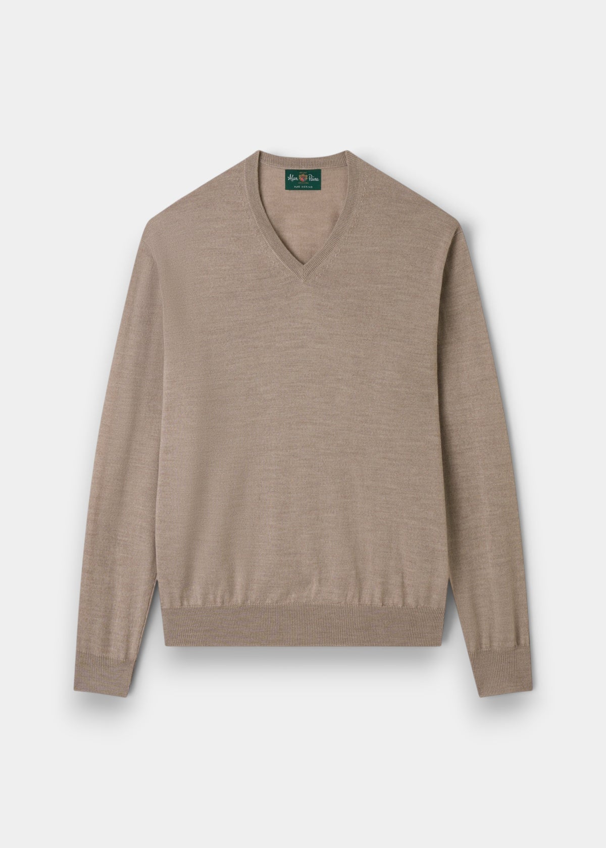 Alan Paine Millbreck cobble beige v-neck jumper in fine Italian merino wool with ribbed hem and cuffs