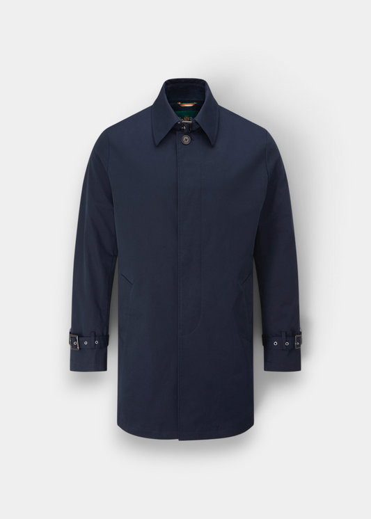Alan Paine Mistfield navy raincoat in a cotton blend with buckle sleeve straps and a sleek button-front design.