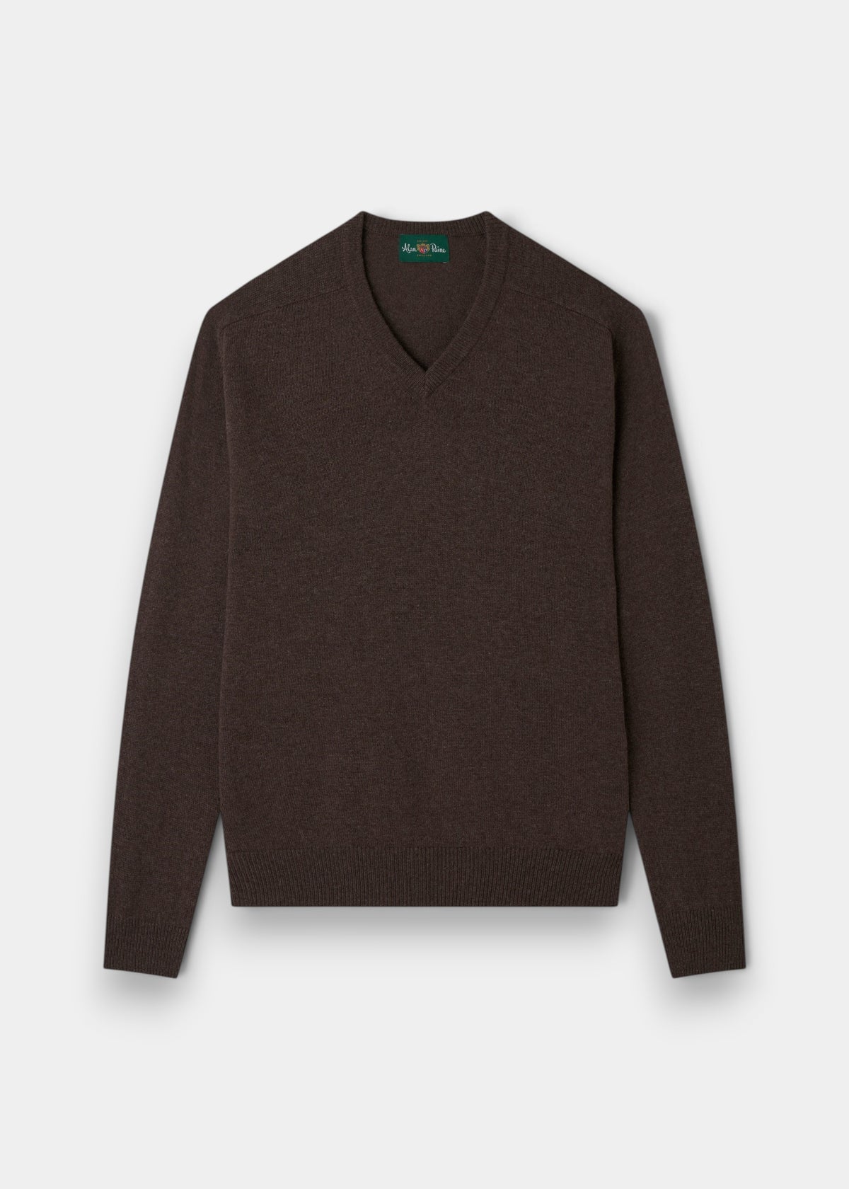 Hampshire Lambswool V-Neck Jumper in mocha, classic fit, long sleeves, laid flat on a white background.