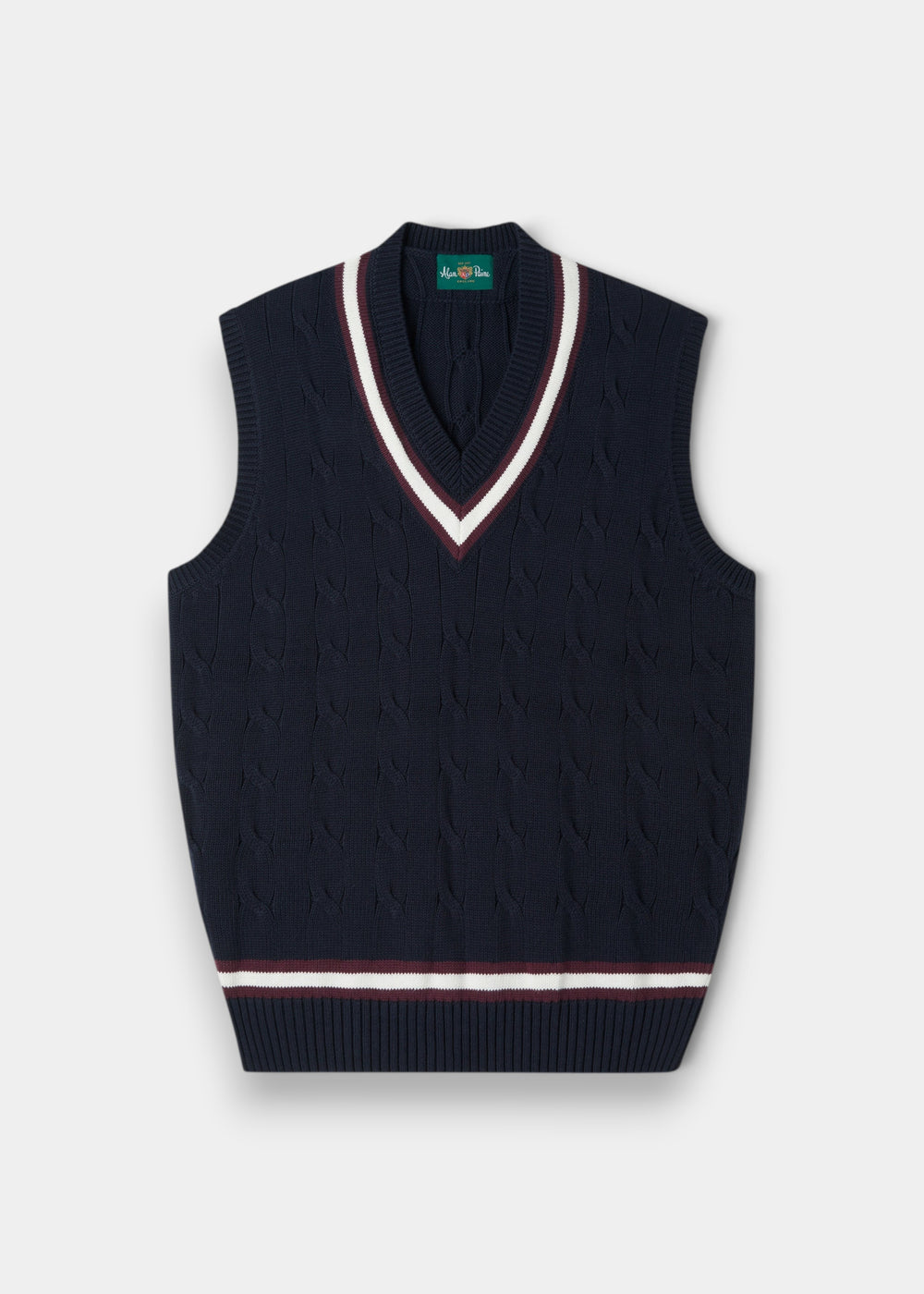 Chadbury navy cotton cable knit V-neck cricket slipover with blackcurrant stripes, regular fit.
