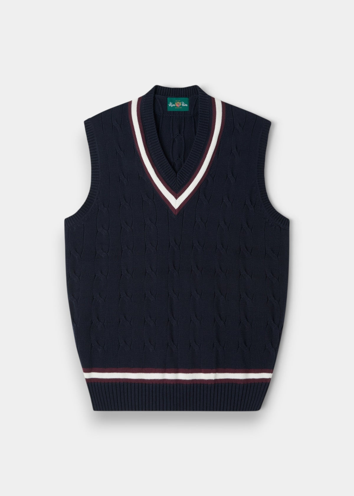 Chadbury navy cotton cable knit V-neck cricket slipover with blackcurrant stripes, regular fit.