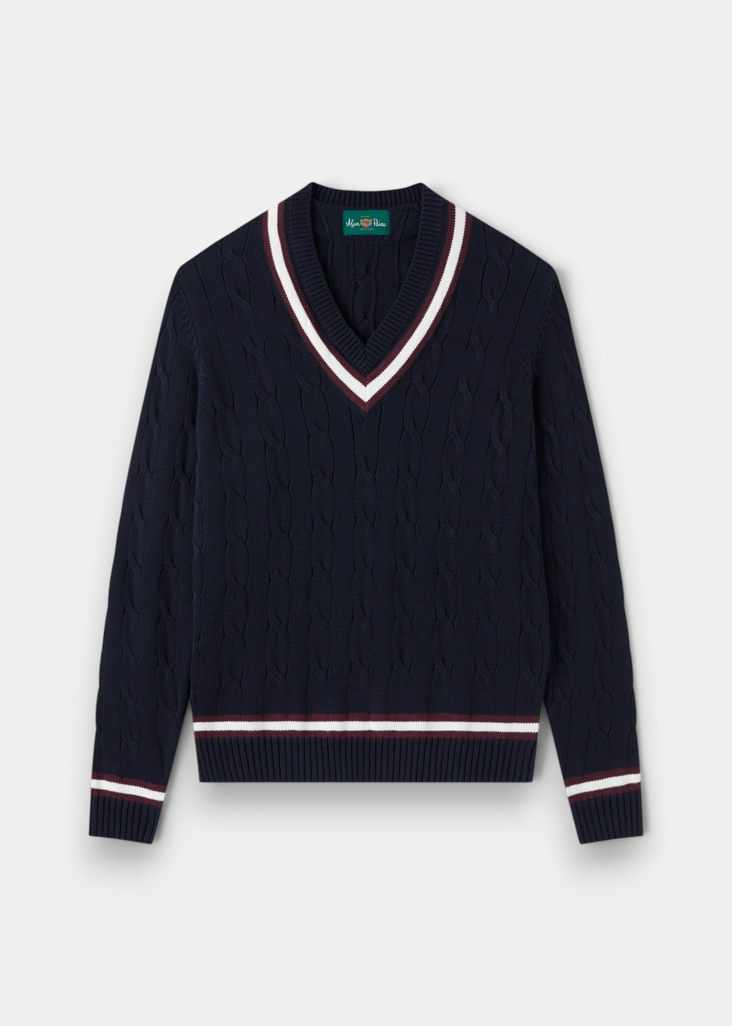 Alan Paine dark navy cotton cable knit cricket jumper with blackcurrant and white V-neck and hem trim