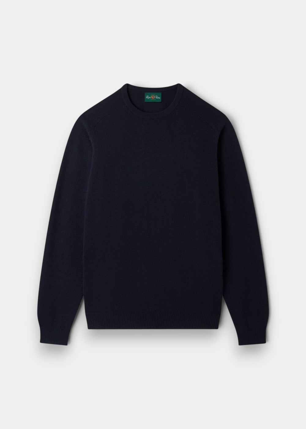 Alan Paine navy crew neck jumper in soft lambswool with a classic fit, saddle shoulders, and ribbed cuffs and hem.