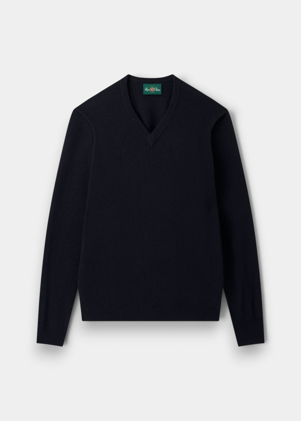 Alan Paine navy V-neck jumper in soft lambswool with a classic fit, saddle shoulders, and ribbed cuffs and hem.