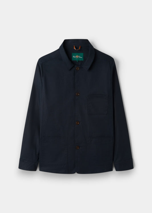 Alan Paine navy men's shacket featuring a classic collar, button front, and utility pockets in a linen-cotton blend.