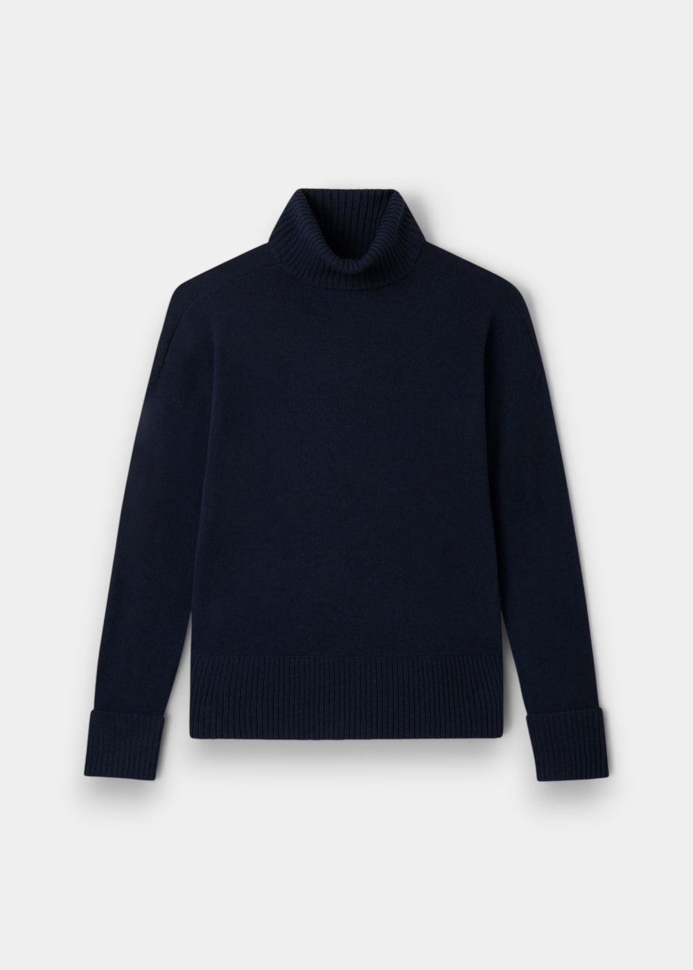 Alexa Wool & Cashmere Roll Neck Jumper in dark navy with ribbed cuffs, collar, and hem, laid flat on light background.