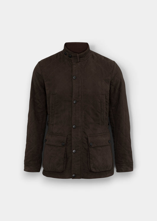 Alan Paine olive quilted jacket with a soft-touch water-repellent finish, fleece-lined collar, and utility pockets.