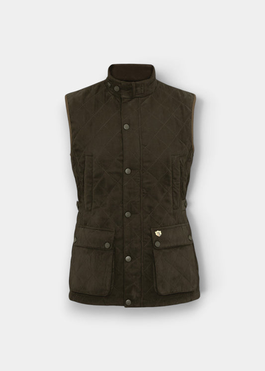 Alan Paine Felwell men's olive quilted waistcoat with a studded placket, bellows pockets, and fleece-lined collar.