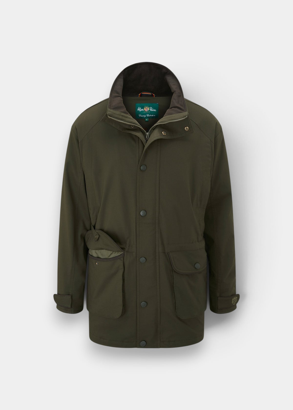 Dunswell Men’s Olive Waterproof Field Coat, shooting fit, with snap buttons and high collar, on white background.