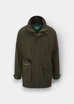 Dunswell Men’s Olive Waterproof Field Coat, shooting fit, with snap buttons and high collar, on white background.