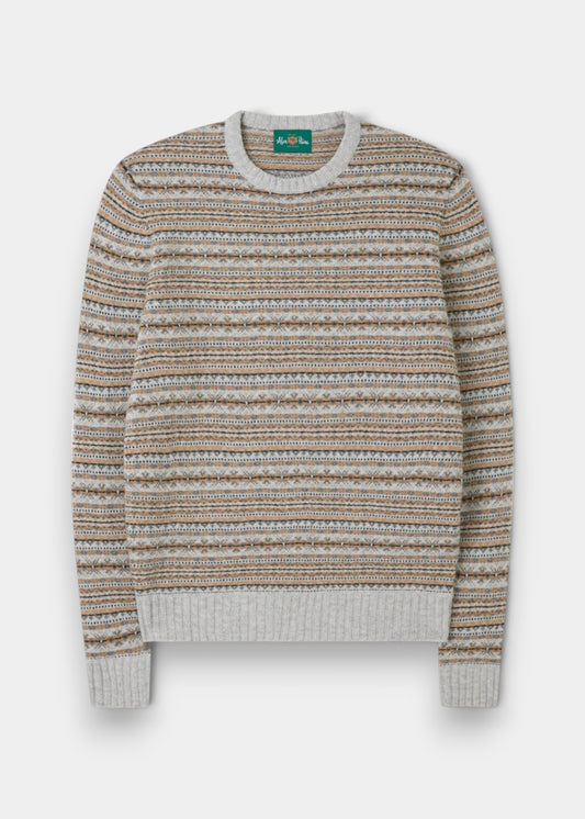 Alan Paine pearl grey lambswool jumper with a traditional Fair Isle pattern, ribbed cuffs, and a crew neckline.
