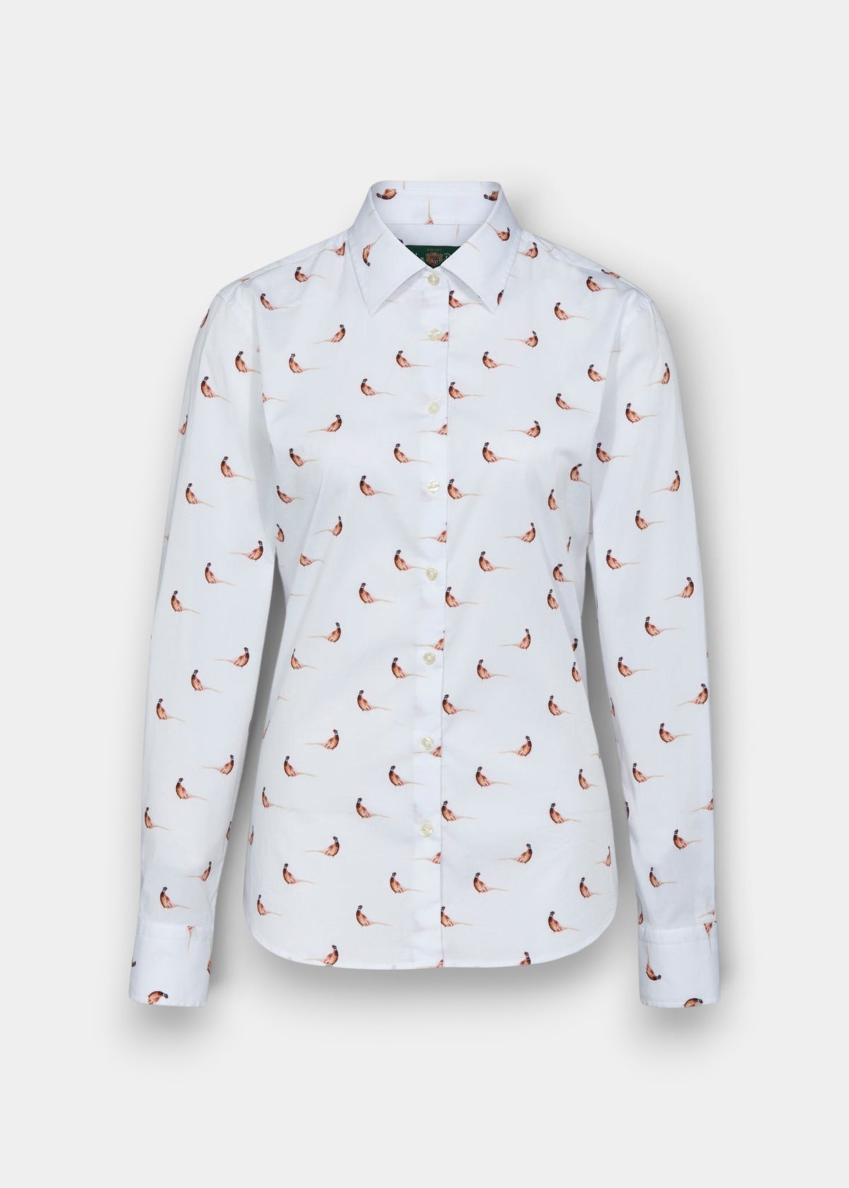Alan Paine ladies long-length white cotton shirt featuring a small pheasant print pattern and a flattering fit.