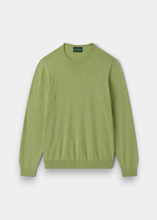 Alan Paine men's pistachio green crew neck jumper in a soft pima cotton, silk, and cashmere blend with ribbed trim.