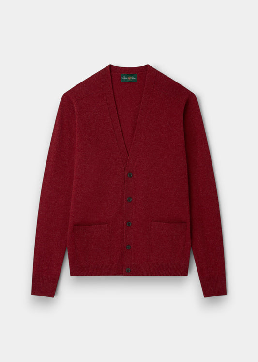 Alan Paine Cornwall lambswool cardigan in poppy melange with a v-neck, five buttons, and two jetted pockets.