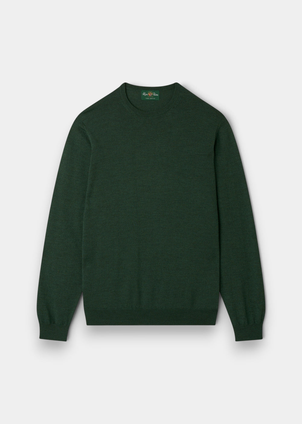Alan Paine Radstone men's crew neck jumper in hunter green fine Italian merino wool with ribbed hem and cuffs.
