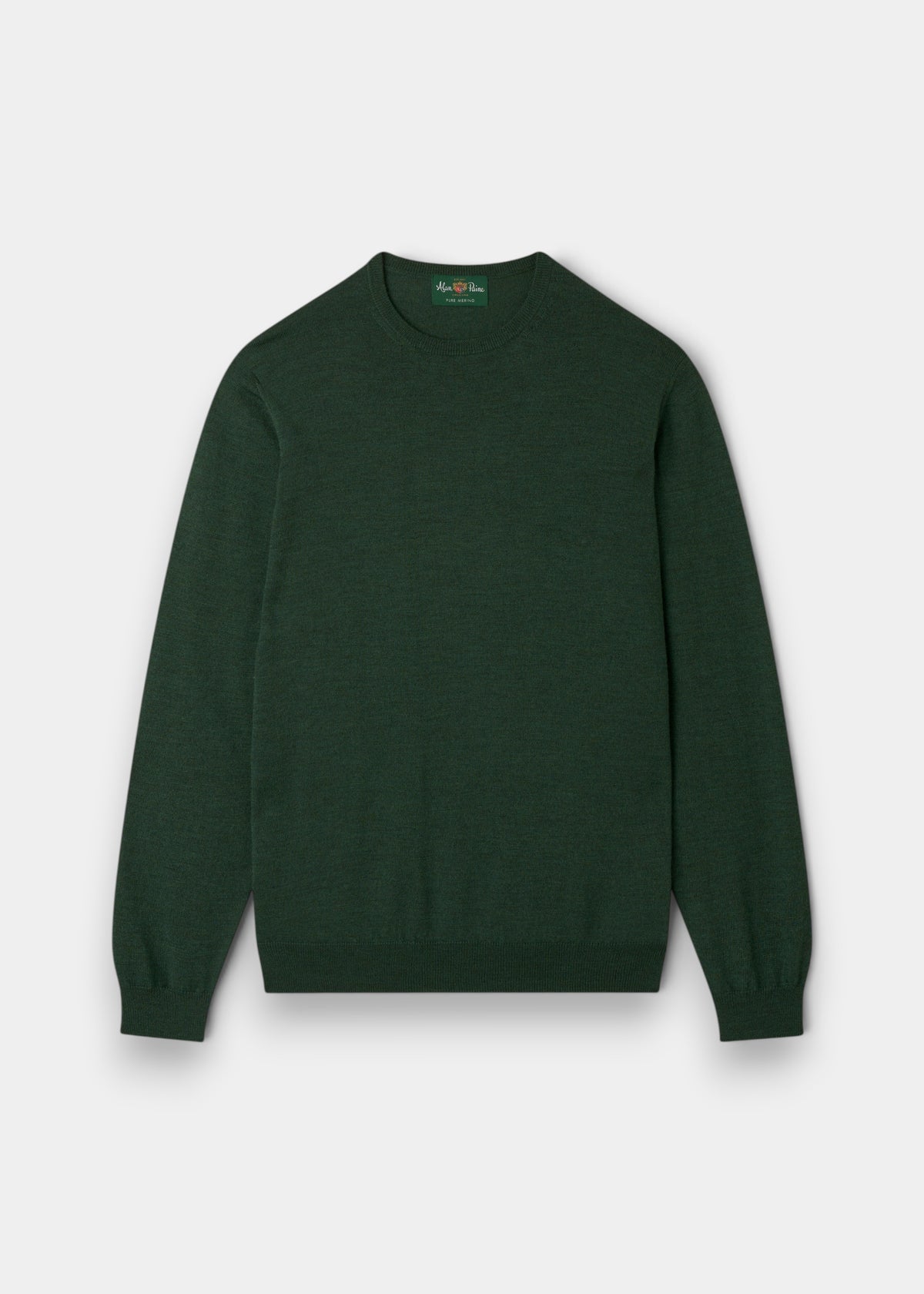 Alan Paine Radstone men's crew neck jumper in hunter green fine Italian merino wool with ribbed hem and cuffs.