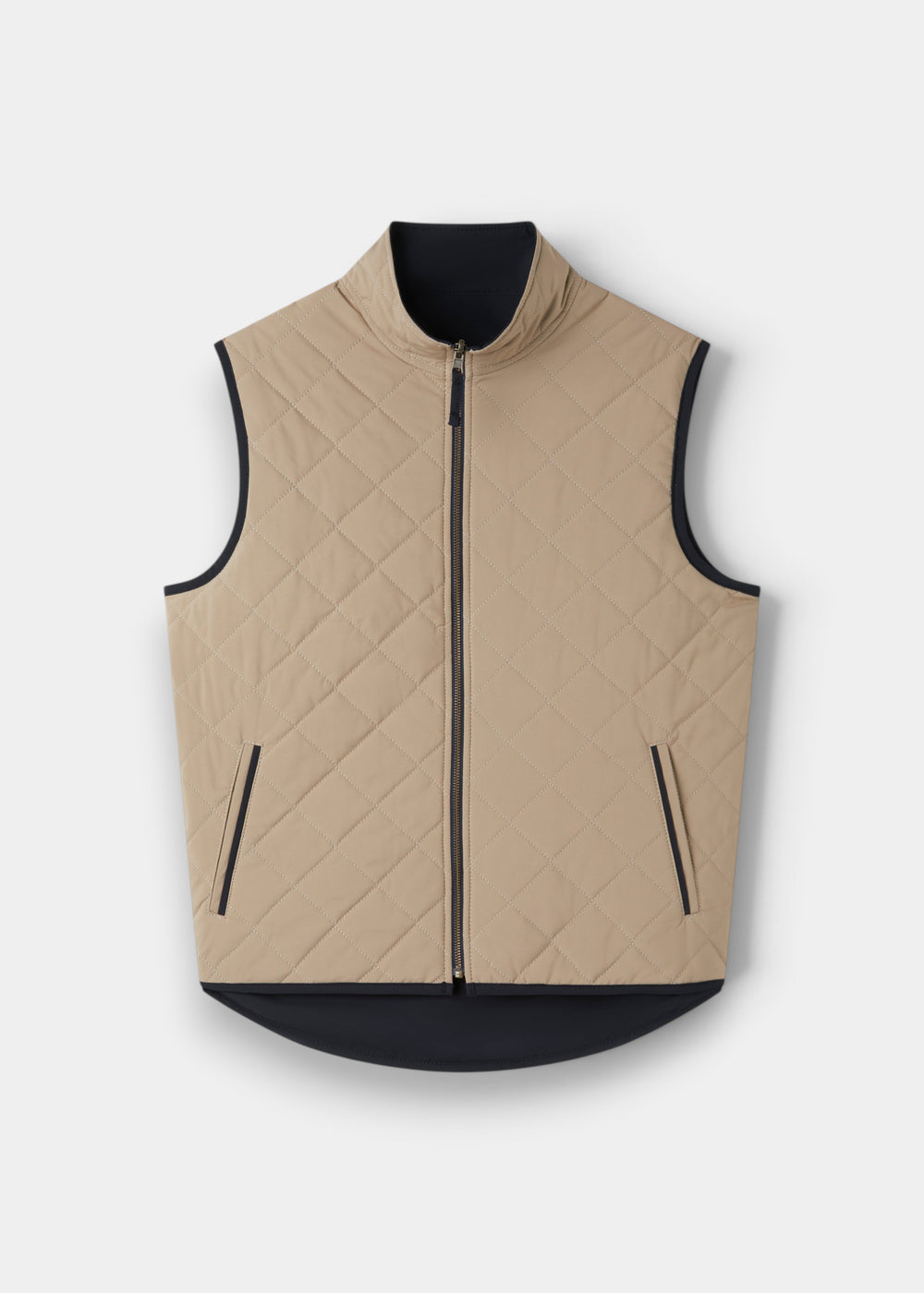 Alan Paine Swifthall reversible quilted gilet in beige with navy trim and zip closure