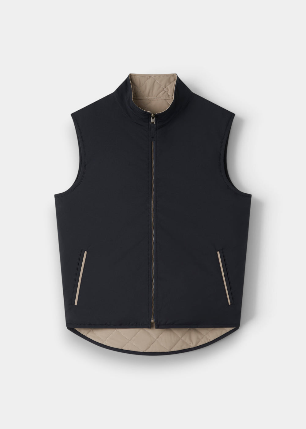 Alan Paine Swifthall reversible gilet in navy and beige with a high collar, zip closure, and contrast piping pockets.