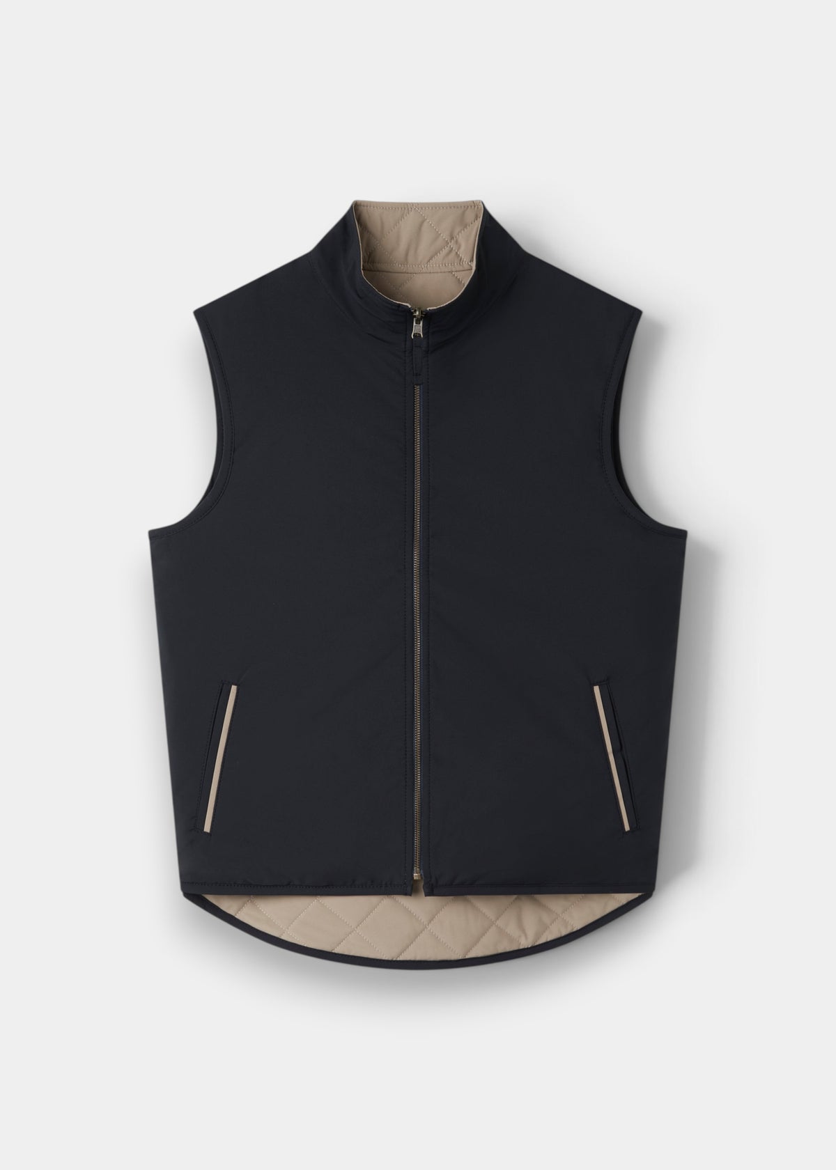 Alan Paine Swifthall reversible gilet in navy and beige with a high collar, zip closure, and contrast piping pockets.