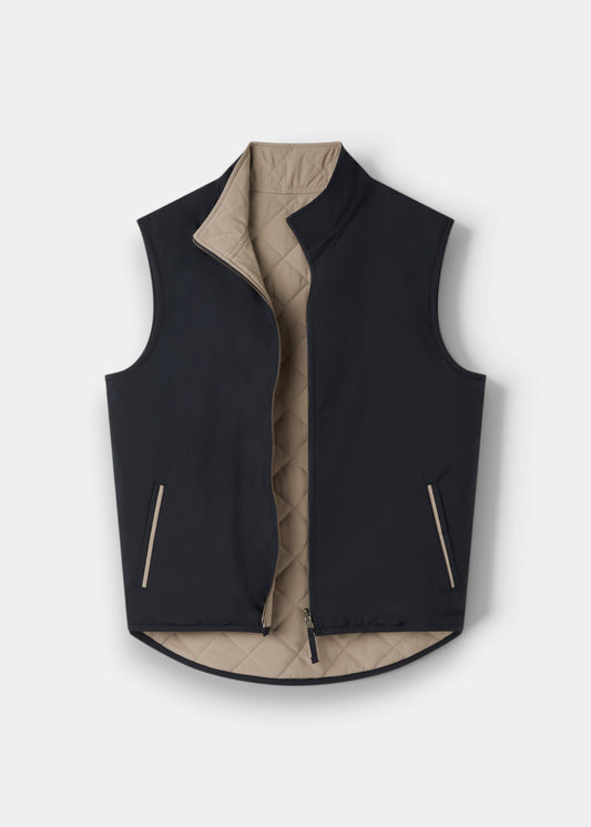 Alan Paine Swifthall reversible city gilet in navy and beige polyester with a quilted interior and zip closure.