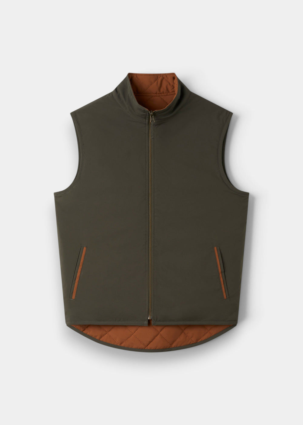 Alan Paine Swifthall reversible city gilet in olive green and cider orange with a zip front and welt pockets.