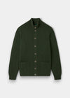 Landford Lambswool Buttoned Mock Neck Jumper in rosemary, regular fit, shown flat with pockets and ribbed cuffs.