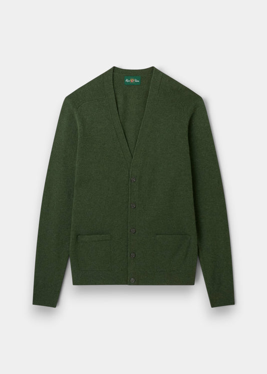 Alan Paine rosemary green lambswool V-neck cardigan with five buttons, jetted pockets, and ribbed trim.