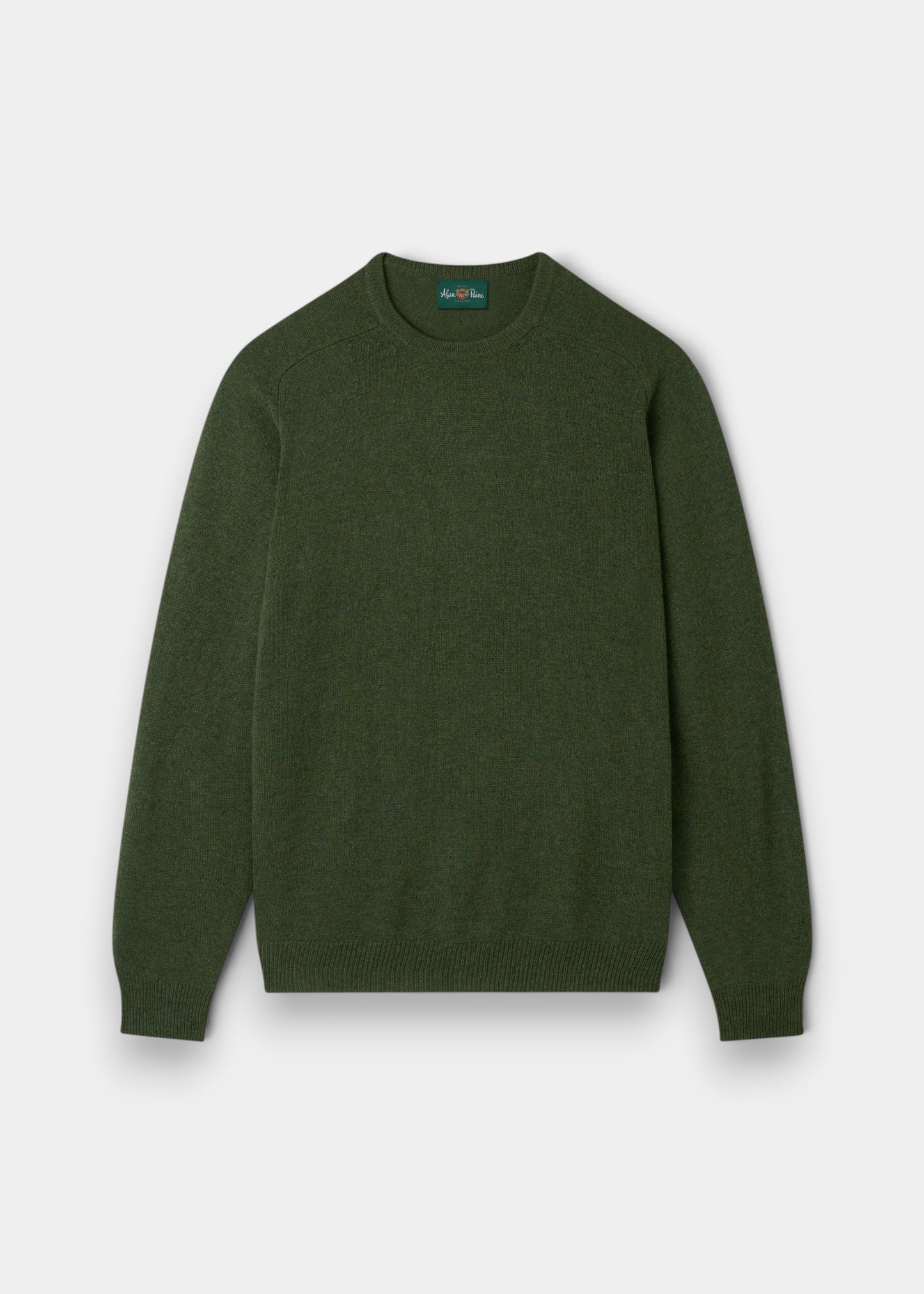Alan Paine Lenzie men's crew neck jumper in rosemary green, crafted from soft 100% lambswool with saddle shoulders.