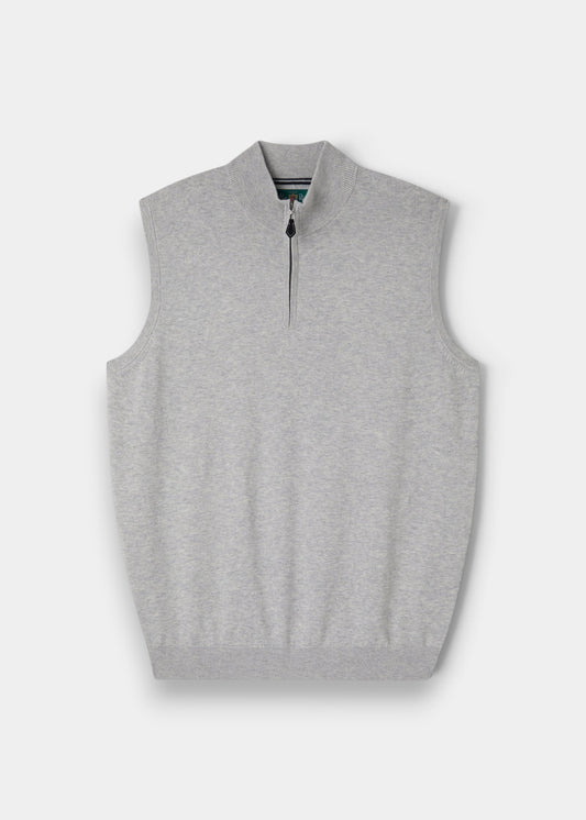 Alan Paine Rowley men's dove grey 1/4 zip gilet in a soft cotton and cashmere blend with a ribbed hem and collar.