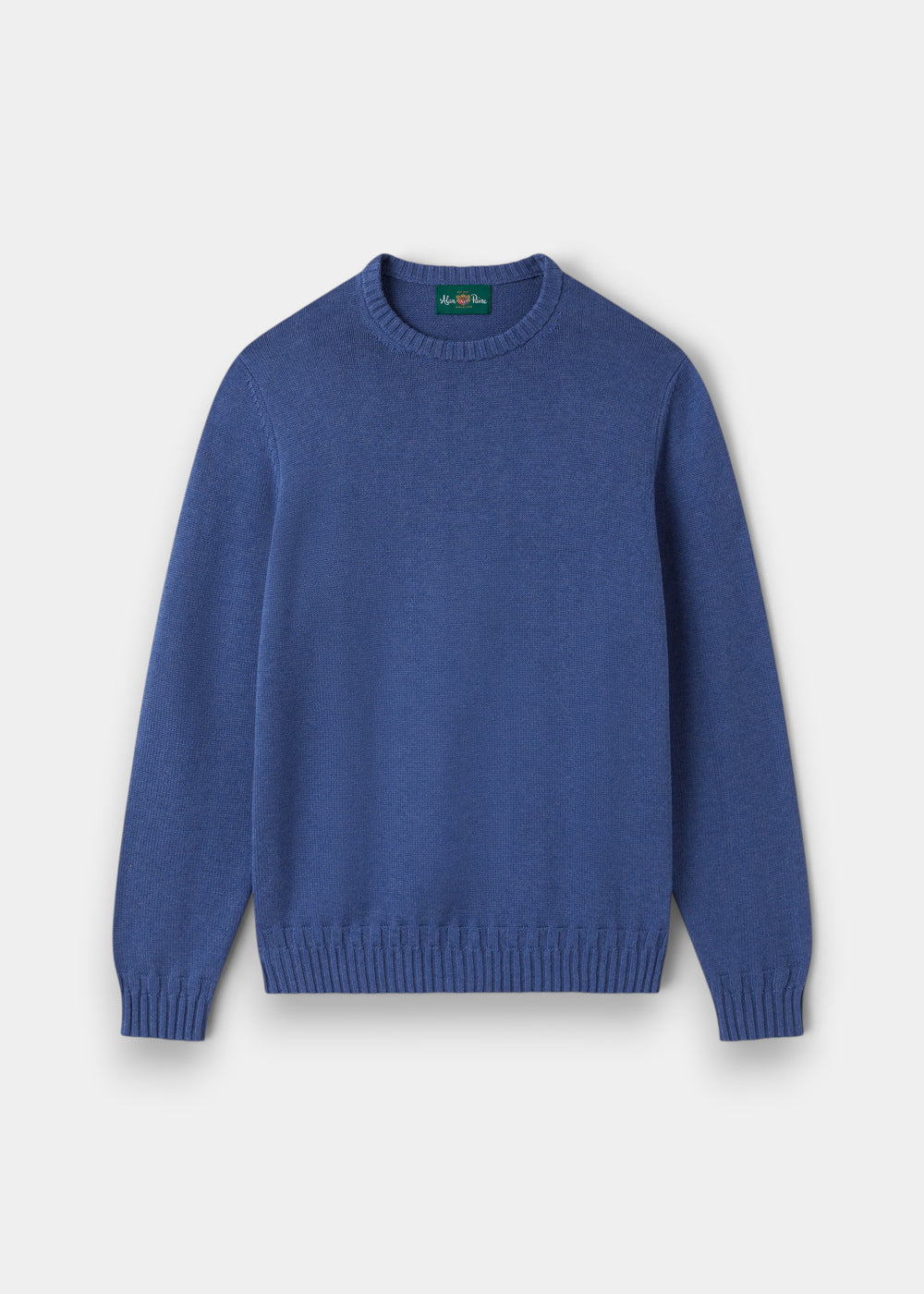 Alan Paine Salterton men's crew neck jumper in indigo mix 100% cotton with a 7-gauge knit texture.