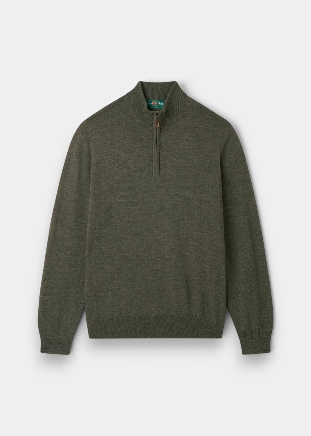 Barton Merino Wool Quarter Zip Jumper in Seaweed, regular fit, with long sleeves and ribbed cuffs on white background.