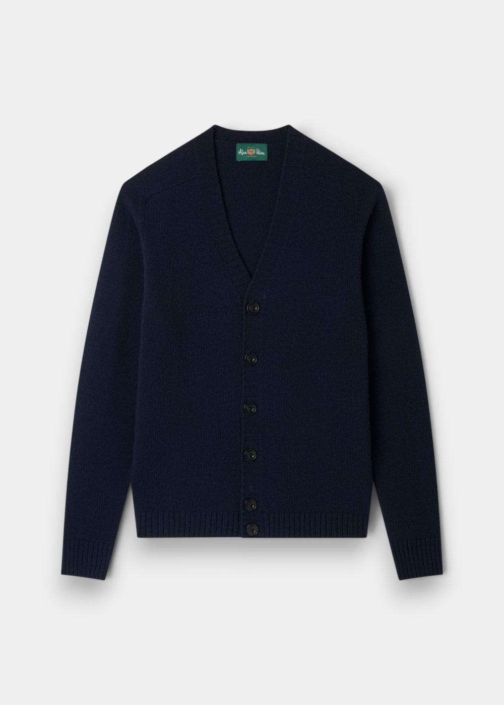 Kinloch Supersoft Shetland Wool V-Neck Cardigan in Concord, featuring ribbed cuffs, laid flat on white background.