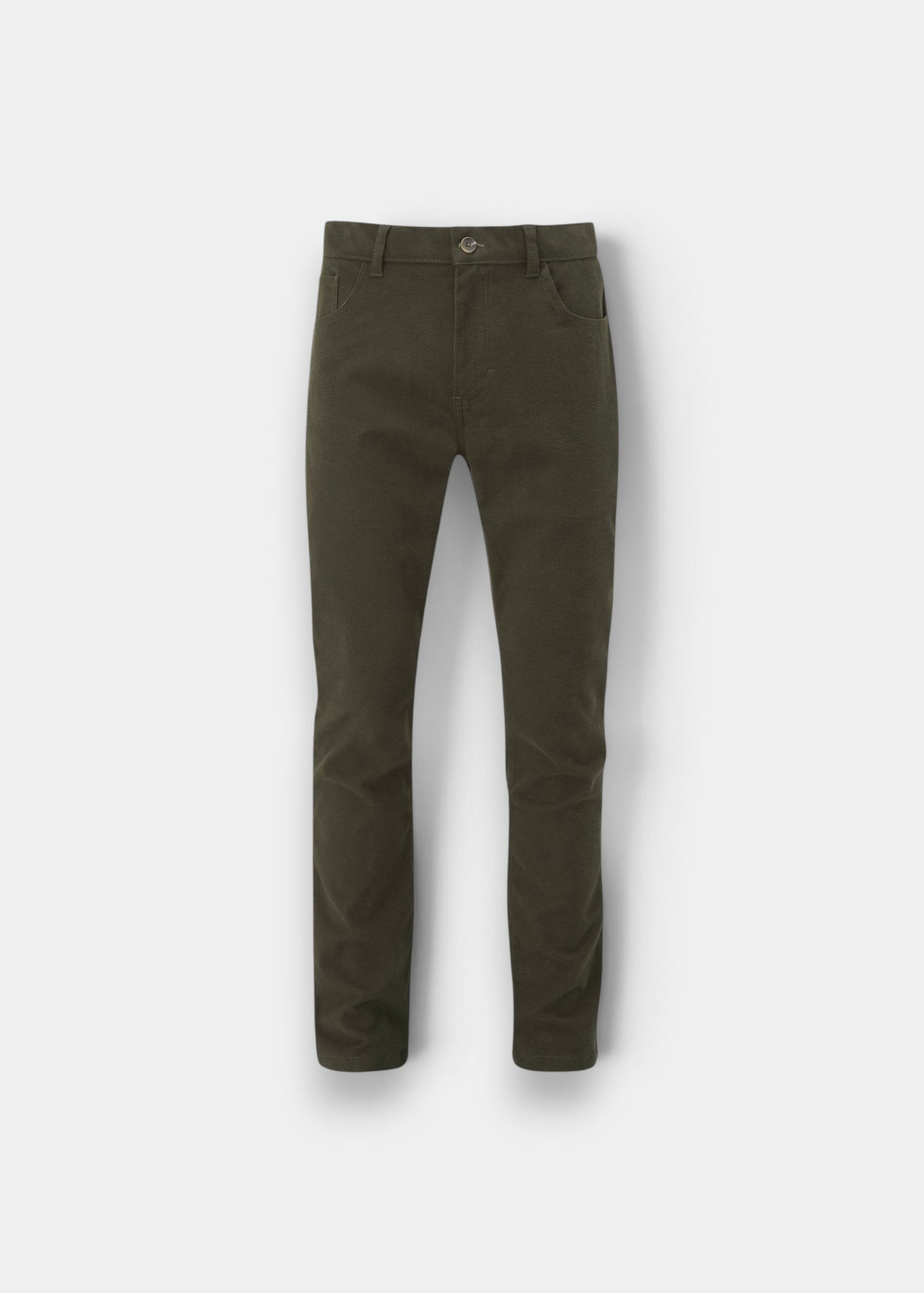 Alan Paine Southoak olive moleskin trousers for men in a regular fit with a button fastening and zip fly.