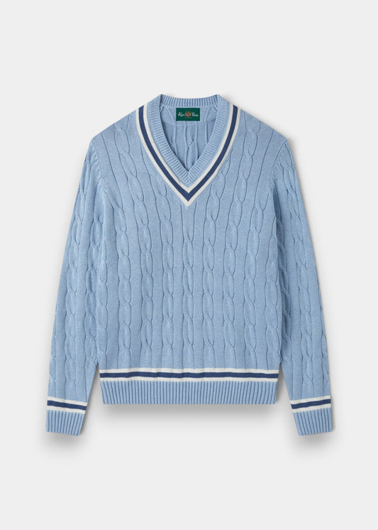 Alan Paine Sandridge cable knit cricket jumper in steel blue and ecru with a V-neck and ribbed cuffs.