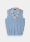 Alan Paine ladies cricket slipover in steel blue mix cotton with ecru and dusk pink v-neck trim