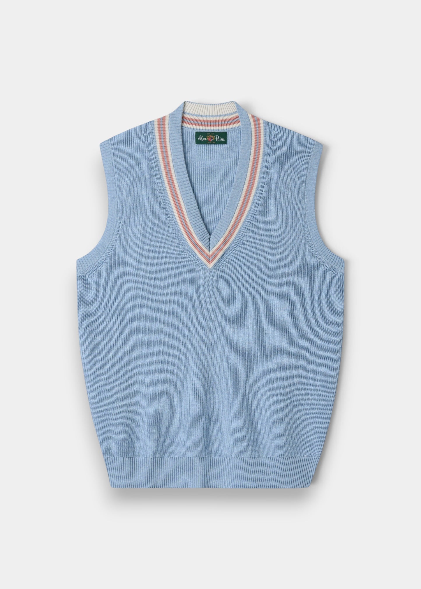 Alan Paine ladies cricket slipover in steel blue mix cotton with ecru and dusk pink v-neck trim