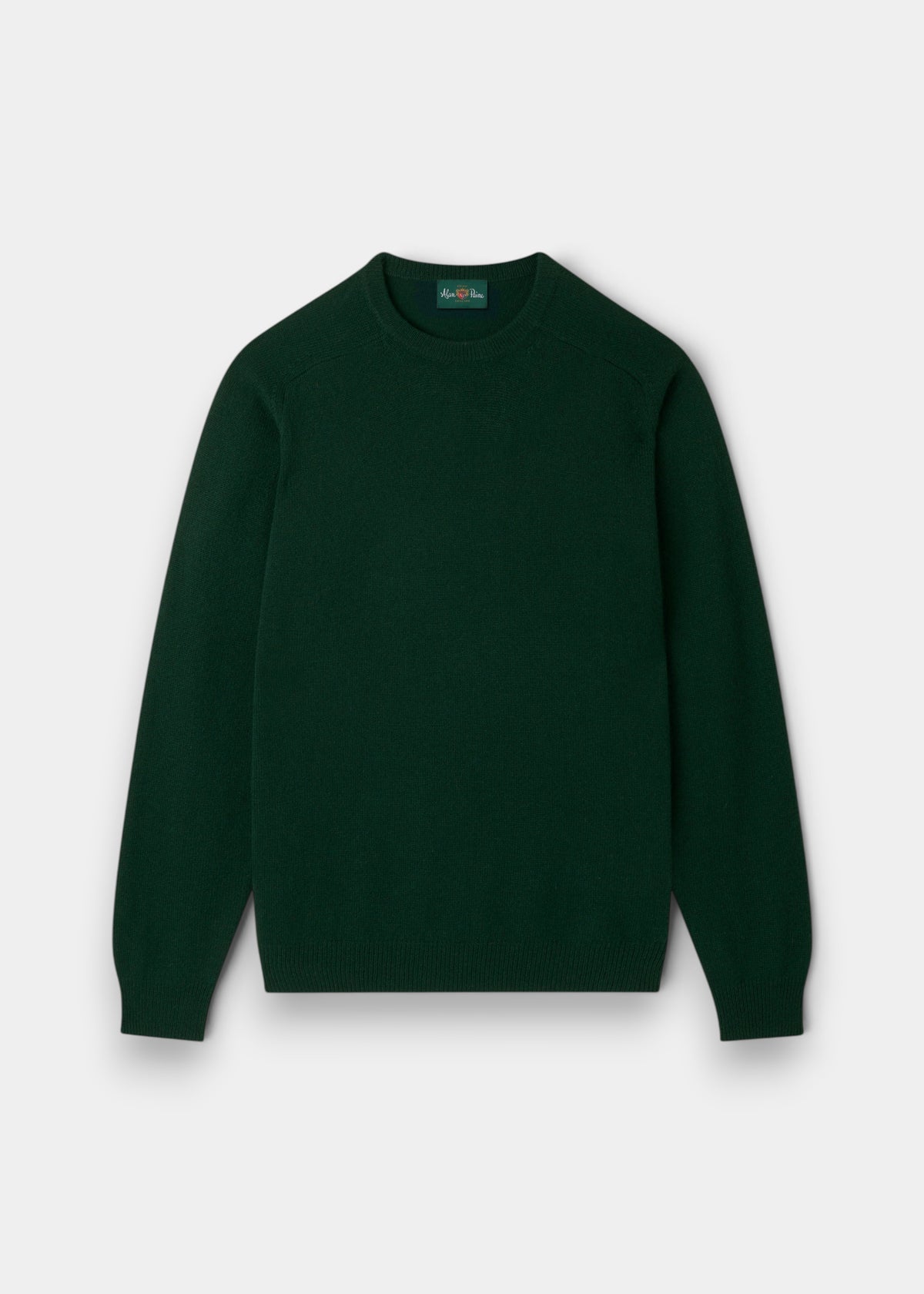 Alan Paine Lenzie men's crew neck jumper in tartan green lambswool with ribbed cuffs and saddle shoulder detail.